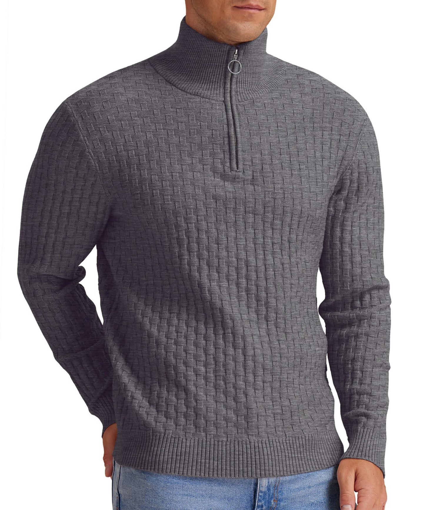 Askdeer Men's Quarter Zip Sweater Waffle Knit Sweater Mock Neck Polo Sweater Casual Pullover Sweater with Ribbing Edge