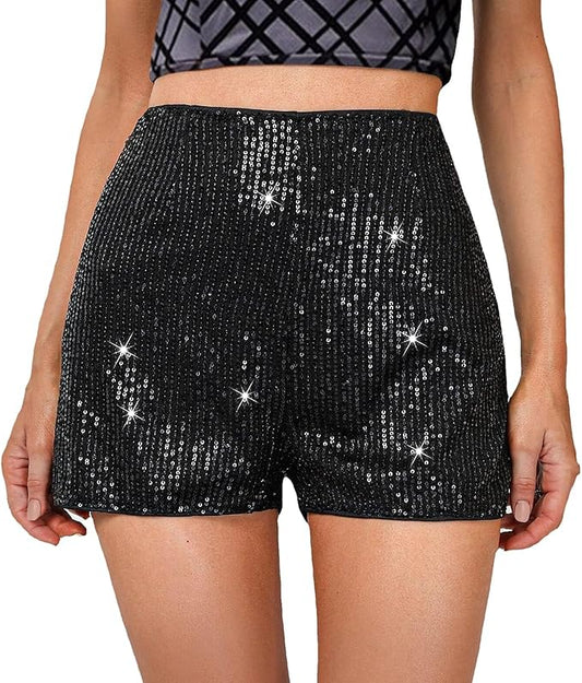 Chloefairy Women's Summer Sequin Shorts High Waist Sparkly Glitter Straight Leg Shorts Concert Party Clubwear