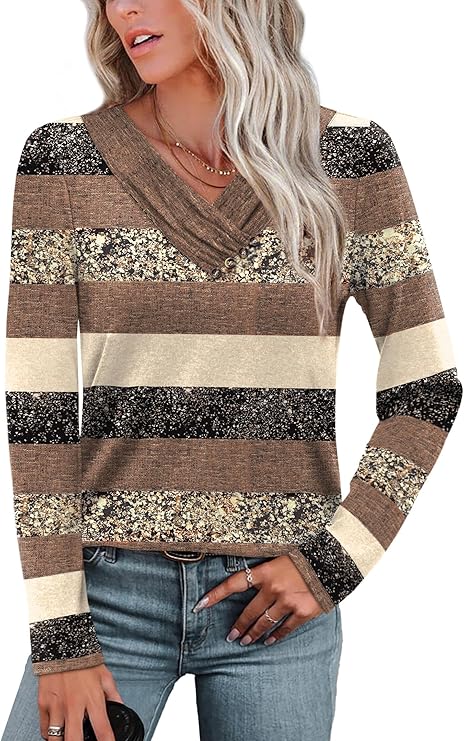 WIHOLL Long Sleeve Shirts for Women Fall Outfits V Neck T Shirts Button Down Tunic Tops Fashion Clothing