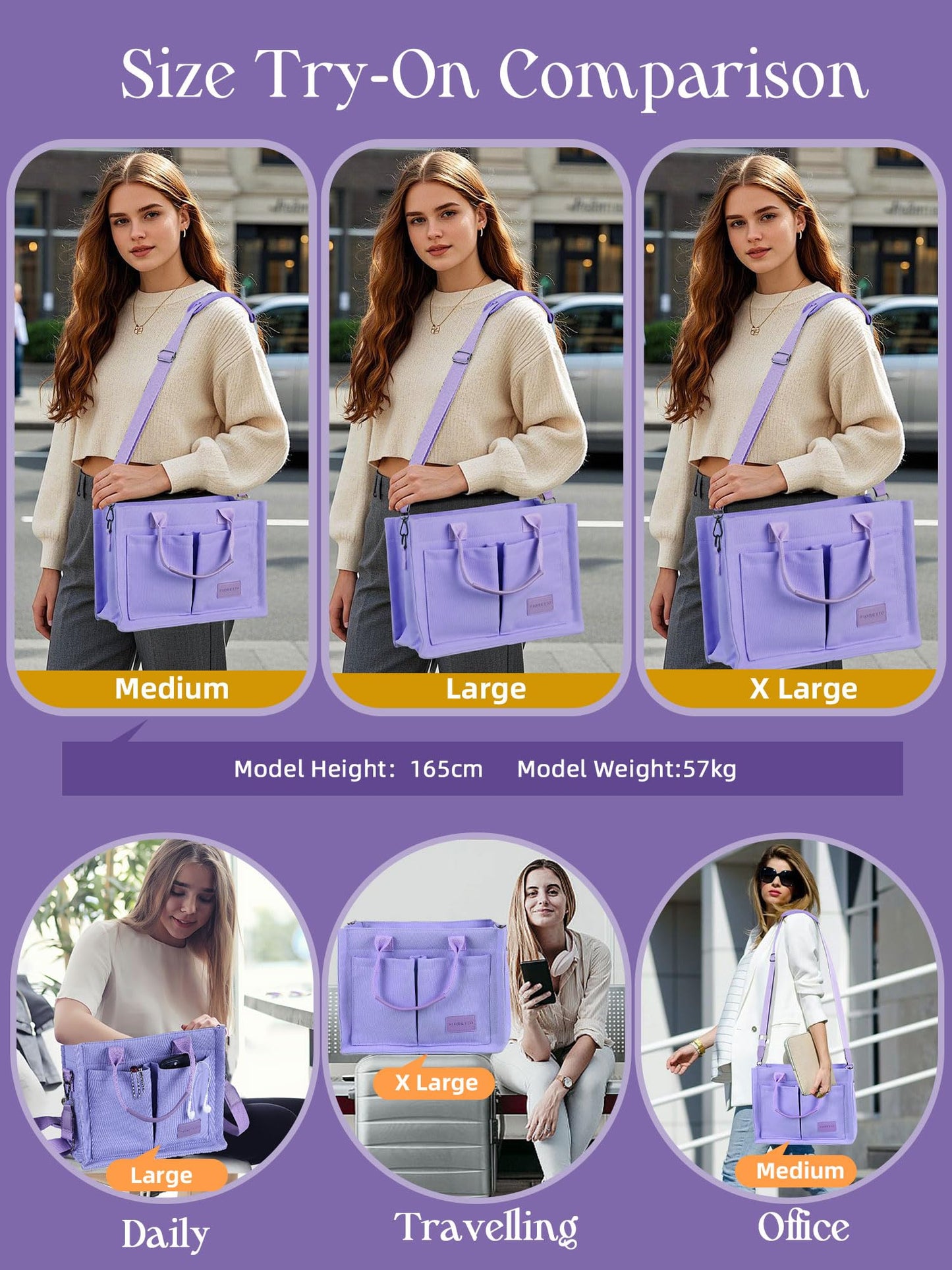 FIORETTO Canvas Tote Bag for Women with Zipper Closure & Individual Compartments for Work College for Teacher & Nurse