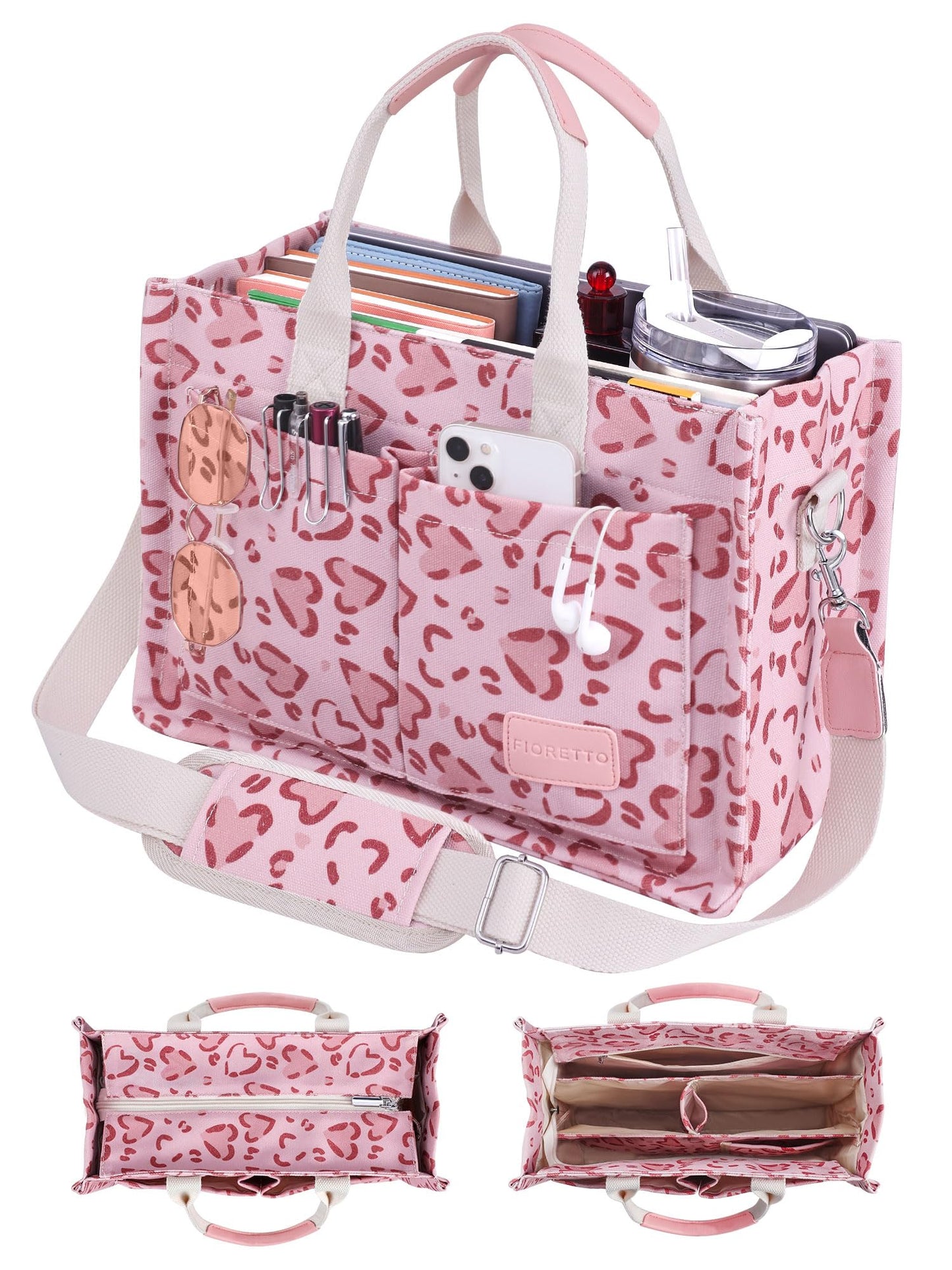 FIORETTO Canvas Tote Bag for Women with Zipper Closure & Individual Compartments for Work College for Teacher & Nurse