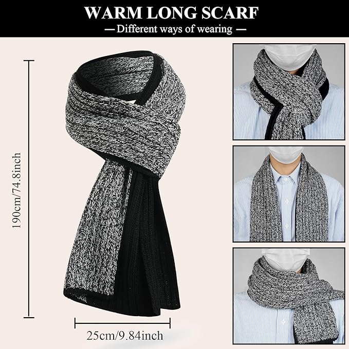 Men's Winter Hat Scarf Gloves Set, 3 PCS Warm Beanie Long Scarf Fleece Lined Touchscreen Gloves for Cold Weather