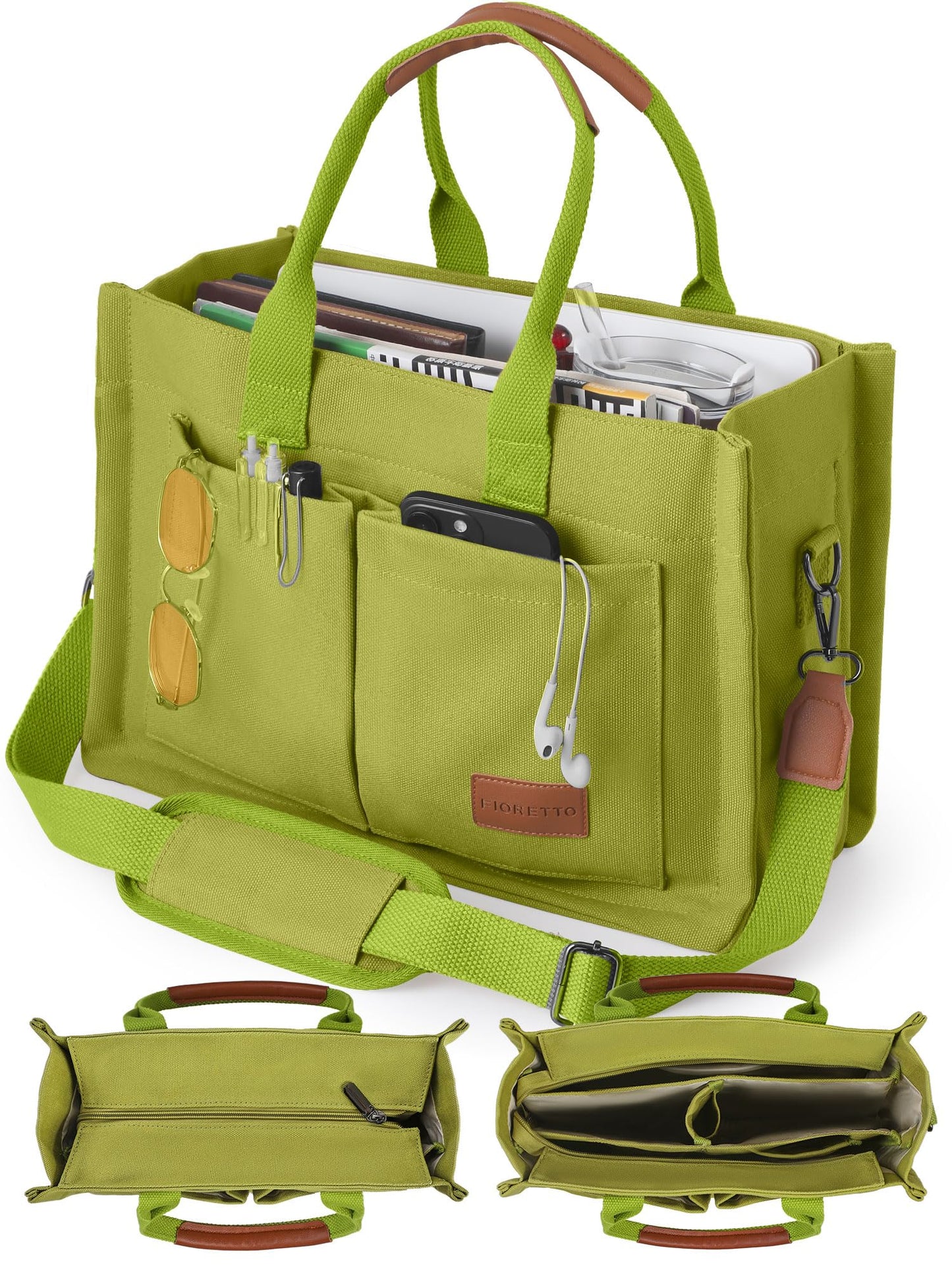 FIORETTO Canvas Tote Bag for Women with Zipper Closure & Individual Compartments for Work College for Teacher & Nurse