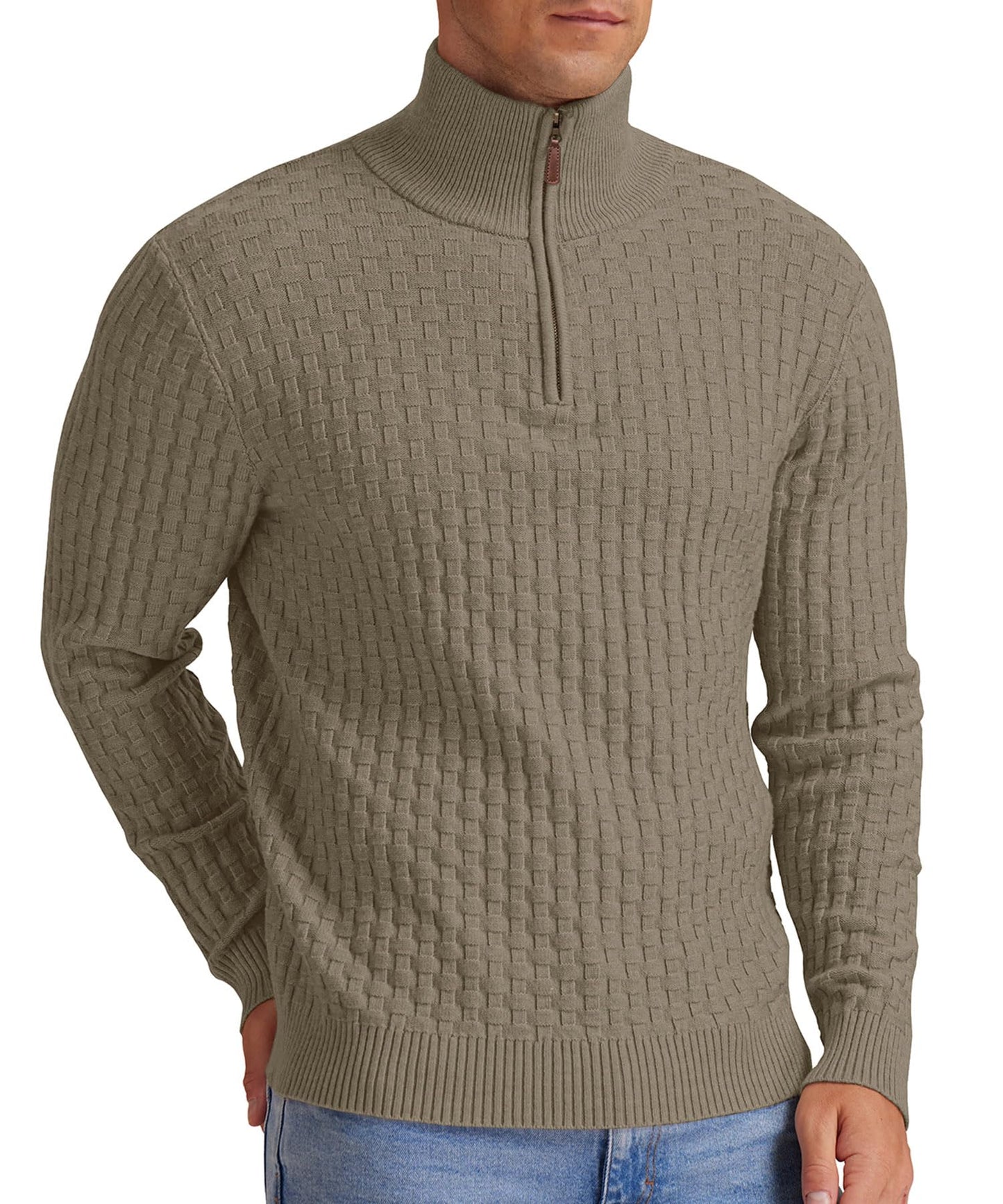Askdeer Men's Quarter Zip Sweater Waffle Knit Sweater Mock Neck Polo Sweater Casual Pullover Sweater with Ribbing Edge