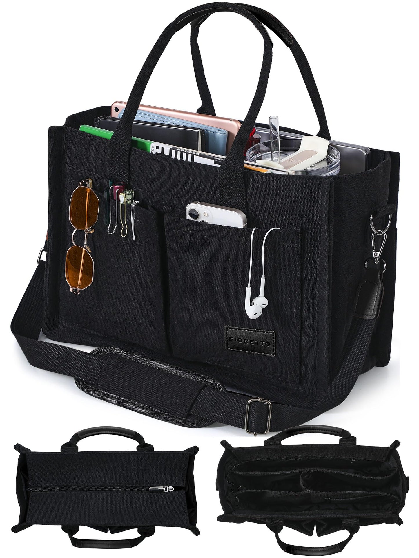 FIORETTO Canvas Tote Bag for Women with Zipper Closure & Individual Compartments for Work College for Teacher & Nurse