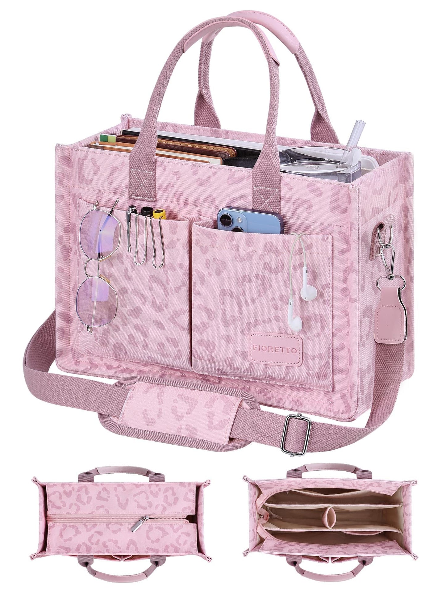 FIORETTO Canvas Tote Bag for Women with Zipper Closure & Individual Compartments for Work College for Teacher & Nurse