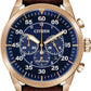 Citizen Men's Eco-Drive Chronograph Sport Casual Avion Watch, Rose Gold Stainless Steel with Brown Leather Strap, Blue Dial (Model: CA4213-18L)