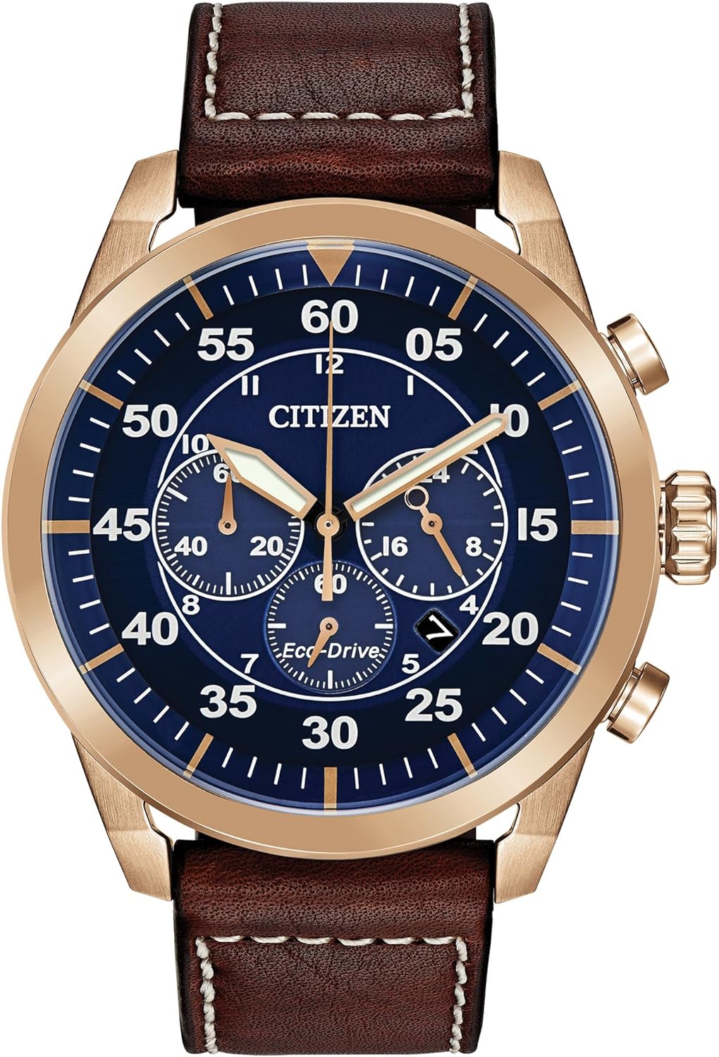 Citizen Men's Eco-Drive Chronograph Sport Casual Avion Watch, Rose Gold Stainless Steel with Brown Leather Strap, Blue Dial (Model: CA4213-18L)