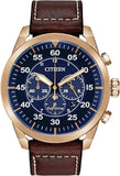 Citizen Men's Eco-Drive Chronograph Sport Casual Avion Watch, Rose Gold Stainless Steel with Brown Leather Strap, Blue Dial (Model: CA4213-18L)