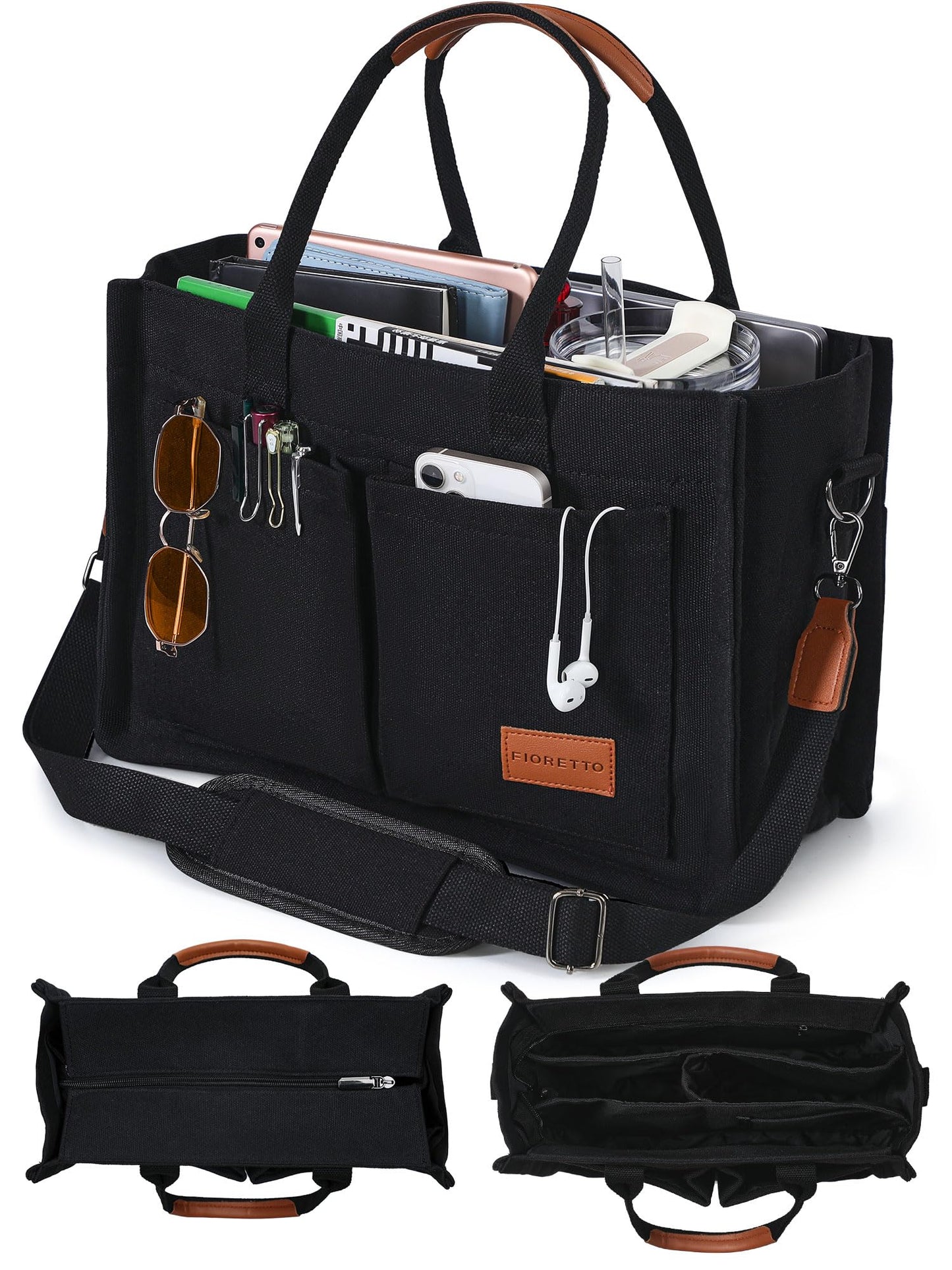 FIORETTO Canvas Tote Bag for Women with Zipper Closure & Individual Compartments for Work College for Teacher & Nurse