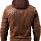FLAVOR Men Brown Leather Motorcycle Jacket with Removable Hood
