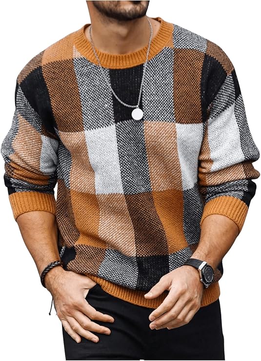 OYOANGLE Men's Color Block Plaid Print Long Sleeve Crew Neck Sweater Pullover Tops