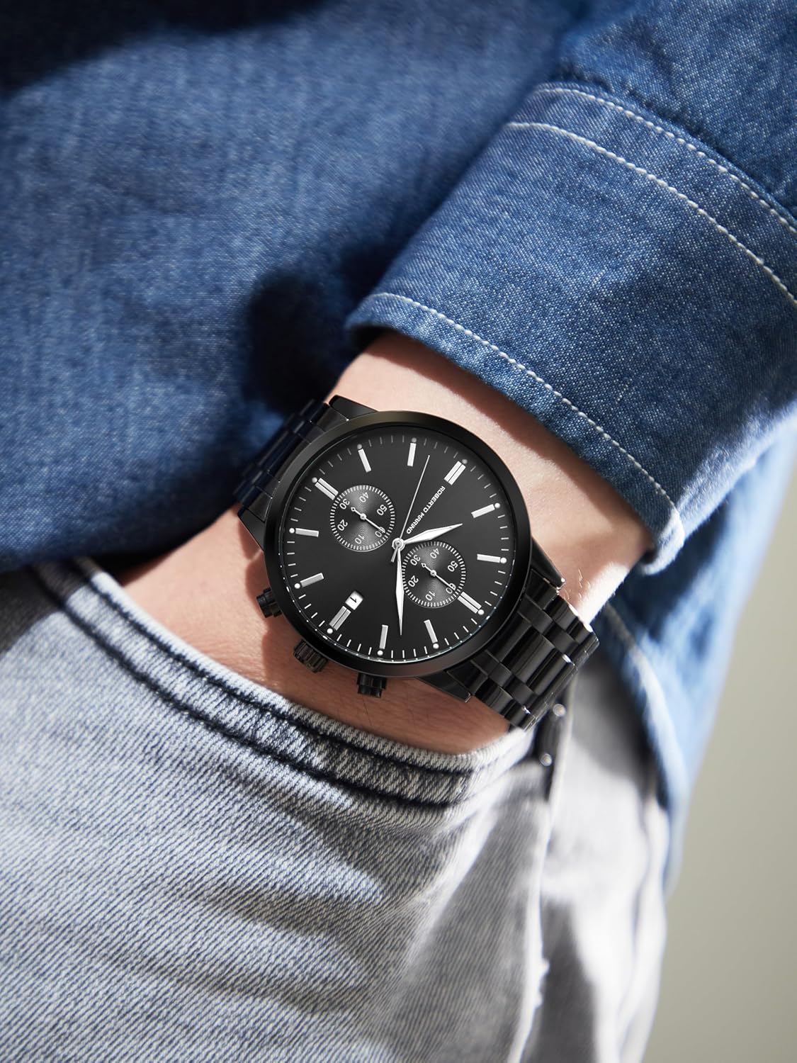 Roberto Marino RM4774 Men’s Luxury Wrist Watch – Black Stainless Steel Japanese Quartz, 43mm, 3 ATM Water Resistant, Black Dial – Elegant Dress Watches for Men