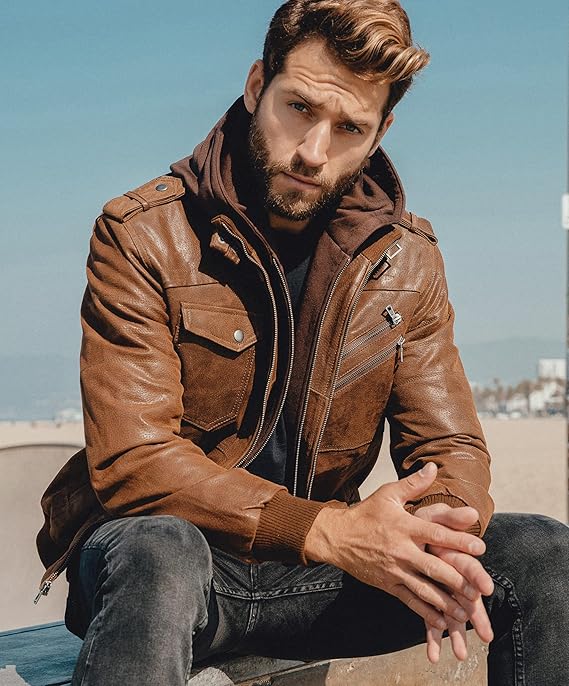 FLAVOR Men Brown Leather Motorcycle Jacket with Removable Hood