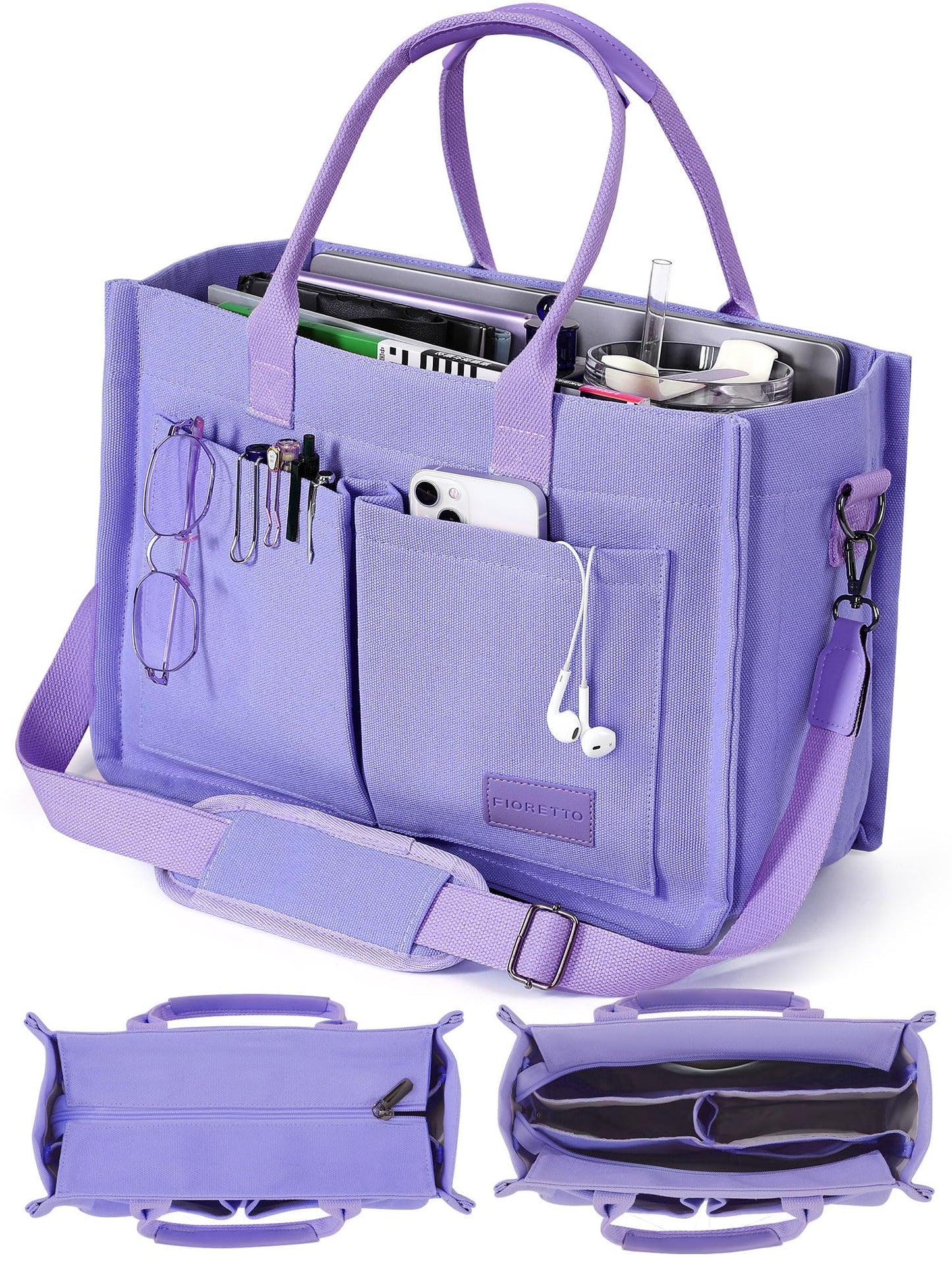 FIORETTO Canvas Tote Bag for Women with Zipper Closure & Individual Compartments for Work College for Teacher & Nurse