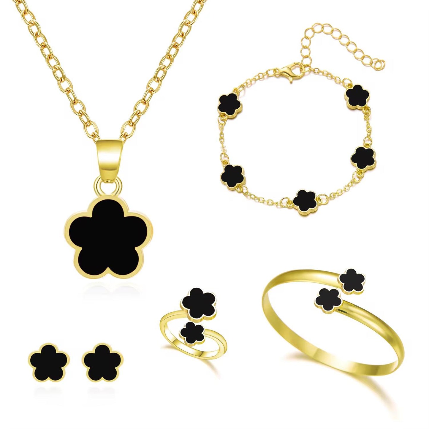SAVE Fashion Jewelry Set Women's All-Match Set New Lucky Flower Bracelet Five-leaf Clover Necklace Ring Earrings Alloy