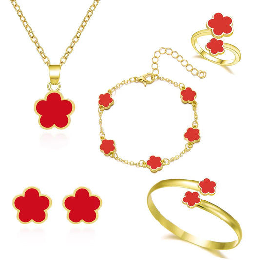 SAVE Fashion Jewelry Set Women's All-Match Set New Lucky Flower Bracelet Five-leaf Clover Necklace Ring Earrings Alloy
